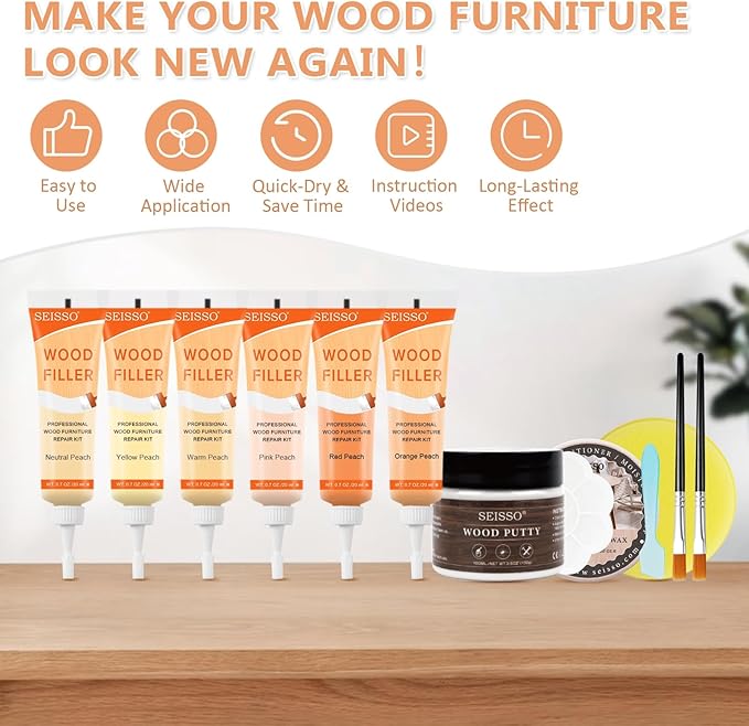 Wood Furniture Repair Kit, 6 Colors Wood Touch up Fillers Hardwood Laminate Vinyl Floor Repair Kit with Wood Putty, Wood Polish Wax for Hole, Scratch, Crack, Stain (Peach Wood 16Pcs)