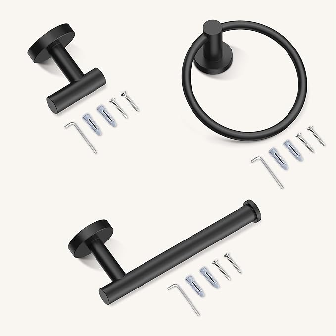 FORIOUS 4 Piece Bathroom Accessories, SUS304 Stainless Steel Toilet Paper Holder, Towel Ring and 2 Towel Hooks, Wall Mounted Bathroom Hardware Set (Matte Black)