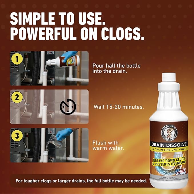 Drain Dissolve | AC Drain Line Cleaner & Unclogger | Heat Generating Alkaline Formula | Prevents Overflow | Clears Hair, Grease, Gunk - 32oz