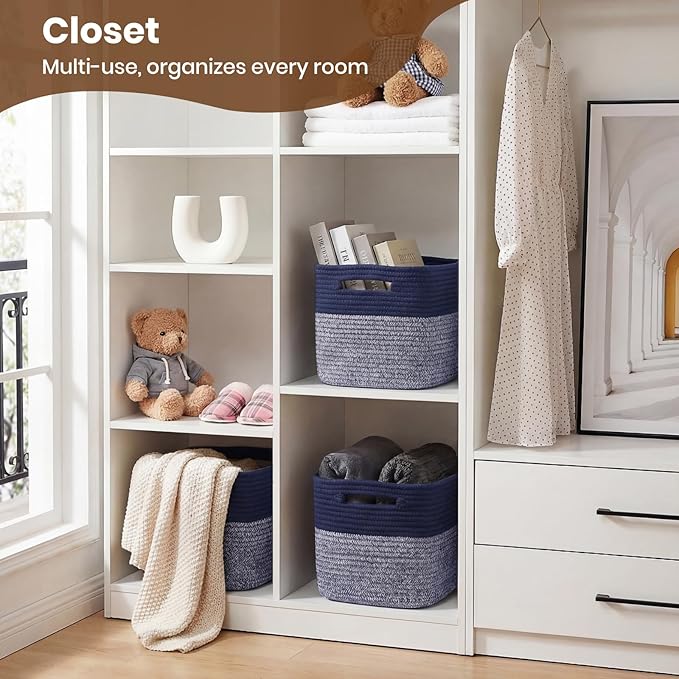Storage Baskets for Organizing, 14 x 10 x 9” Closet Shelf Woven Baskets, Square Bins with Handles, Cotton Rope Basket for Toys, Clothes, Office, Room, Grey+Blue 3 Pack