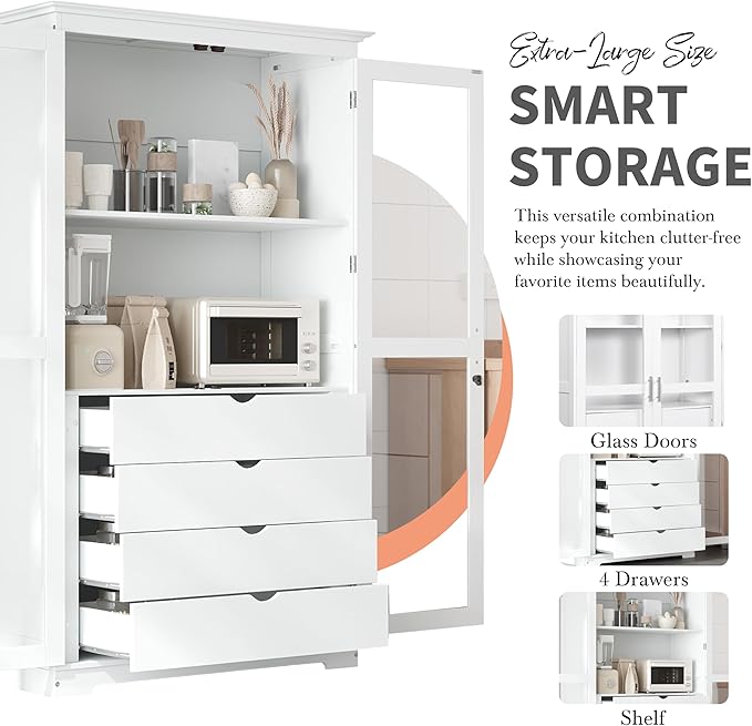 Kitchen Pantry Cabinet 44.7Wx20Dx75H inch, Freestanding Storage Display Cabinets with Glass Doors and 4 Built-in Drawers for Living Room, Home Office,White