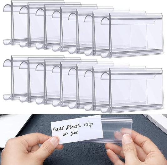 Kathfly 50 Pcs Plastic Wire Shelf Label Holder, Sign and Ticket Holder Clips with Paper Insert Area 3"x1.25" Compatible with Metro 1-1/4 Inch Shelves, Label Inserts Included
