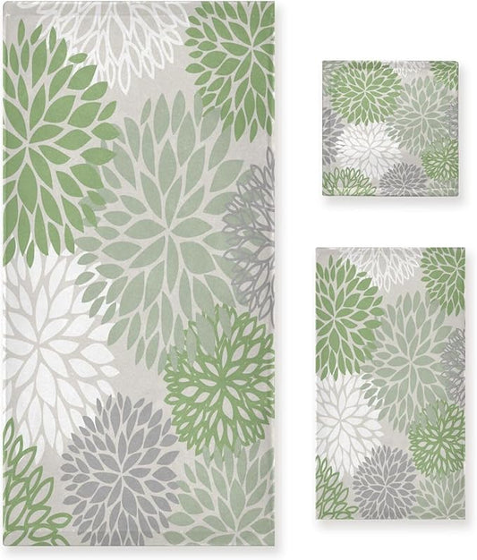 3 Piece Sage Green Dahlia Bath Towels Set,Microfiber Absorbent Grey White Green Floral Towels for Bathroom,1 Bath Towel,1 Hand Towel,1 Washcloth,Modern Abstract Decorative Bathroom Towels