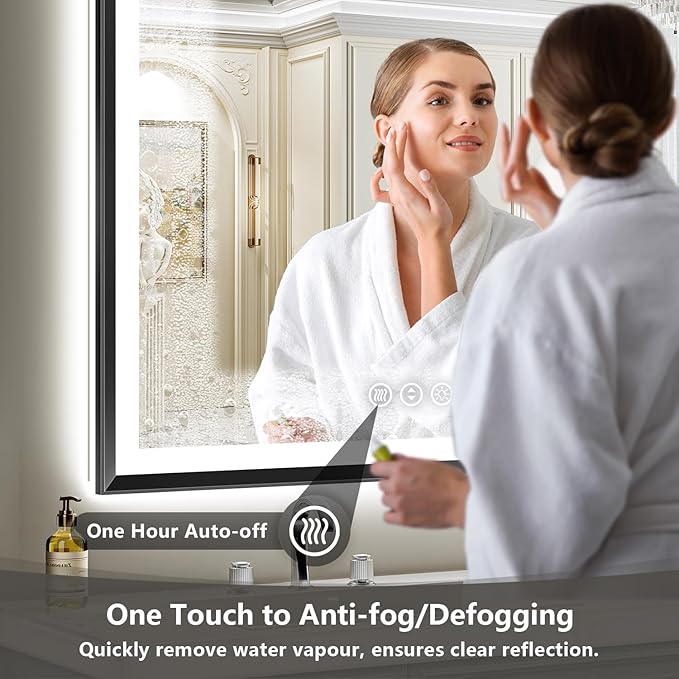 44x30 Black Framed LED Bathroom Mirror with Lights, Backlit and Front Light, Lighted Bathroom Vanity Mirror for Wall Dimmable Anti-Fog Memory Tempered Glass Horizontal/Vertical