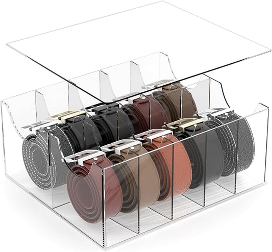 Large Acrylic Belt Organizer, Clear 10 Compartments Storage with Dust Cover, Display Holder