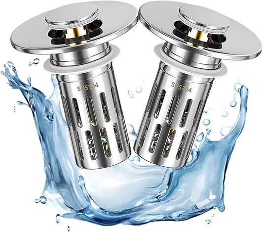 Pop Up Sink Drain Strainer, Bathroom Sink Drain Stopper with Removable Stainless Steel Drain Hair Catcher Basket, Universal Bathroom Sink Stopper Replacement, Drain Plug Filter (2PCS New)