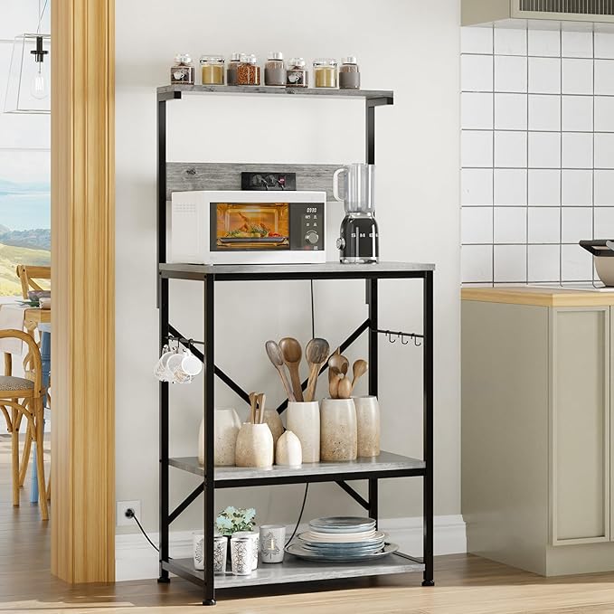 Shintenchi Bakers Rack with Power Outlet, Kitchen Organizers and Storage with 6 Hooks, Microwave Oven Stand, Kitchen Shelf for Spice, Coffee Station, Coffee Bar Table (Gray)