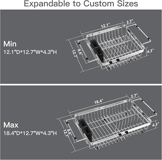 MAJALiS Small Expandable Over The Sink Dish Drying Rack Drainer In Stainless Steel Metal For Kitchen, Counter Space Saving Compact Plate Dryer Strainer Adjustable Hanging Inside Sink Wire Drain Holder