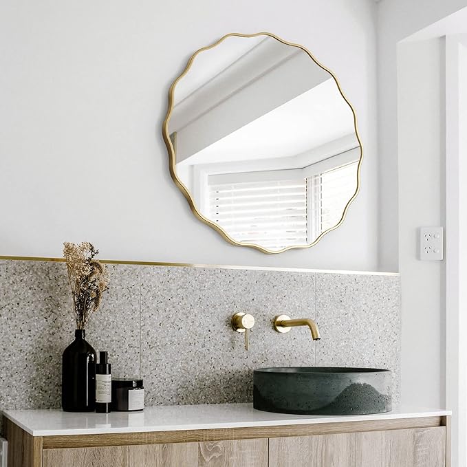 Round Wavy Wall Mirror for Bathroom,24" Gold Circle Scalloped Wood Vanity Mirror Decorative for Bedroom Living Room Hallway Entryway Home Decor