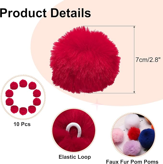 uxcell 2.8 Inch Faux Fur Pom Pom Balls, 10 Pcs Red Fluffy Soft Faux Fur Pom Poms for Hats with Elastic Loop for DIY Knitting Hats Keychain Scarves Gloves Bags Shoes Accessories
