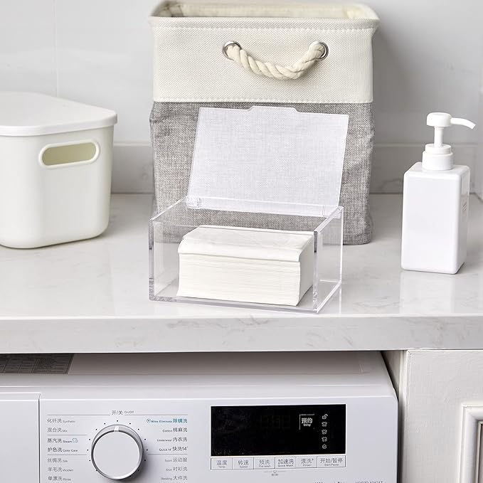 Maitys 2 Pcs Acrylic Laundry Dryer Sheet Holder Clear Dryer Sheets Dispenser Container with Lid for Laundry Room Organization - Fabric Softener Sheets Storage Box for Home, Transparent(Classic Style)