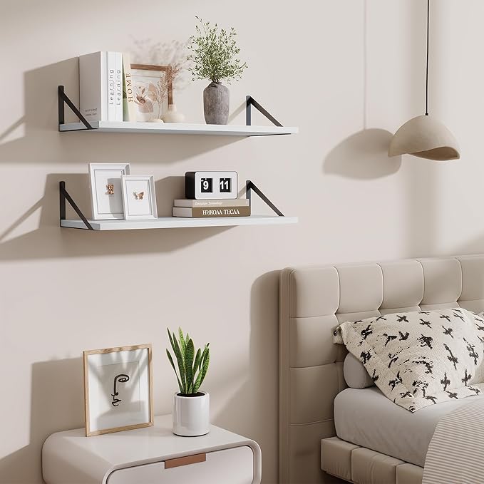 Deep Floating Shelves for Wall,30" Wx10 D Wood Floating Shelf Set of 2,Sturdy Metal Bracket Wide Display & Storage,Wall Mounted Hanging Floating Shelves for Living Room,Bedroom,Kitchen,White