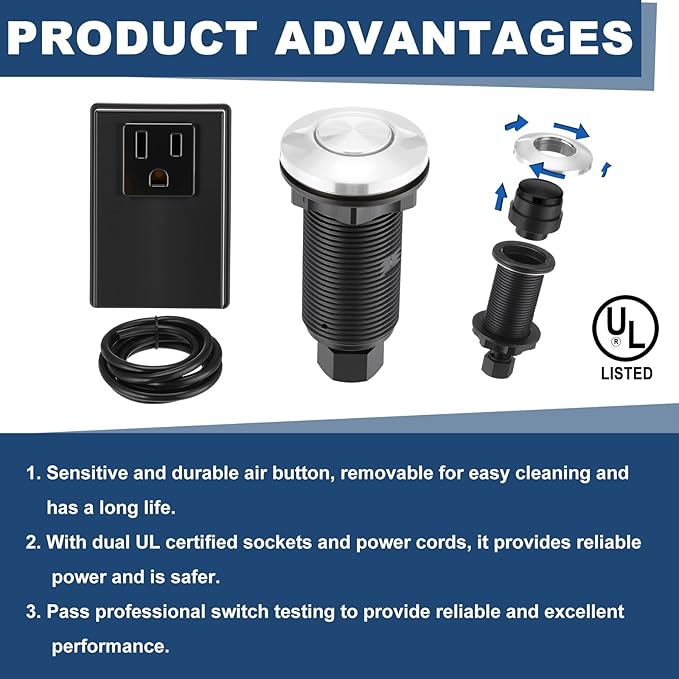 Garbage Disposal Air Switch Kit Wireless Sink Top Garbage Disposal Button Stainless Steel/On/Off Waterproof Button Kit with Long Switch Matte UL Listed(Single Outlet,Silver,Short Size)