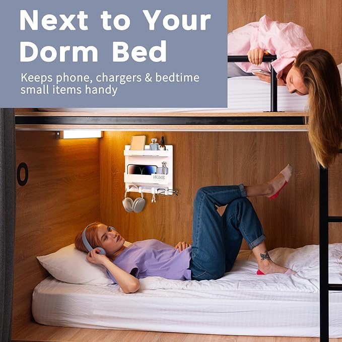 Bedside Shelf for Dorm Bed & Small Spaces - No Drill Floating Wall Organizer, Wall Mounted Bed Shelf Storage, Dorm Room Essentials for Girls, Cute Storage Decor for Bunk Bed, Small Room