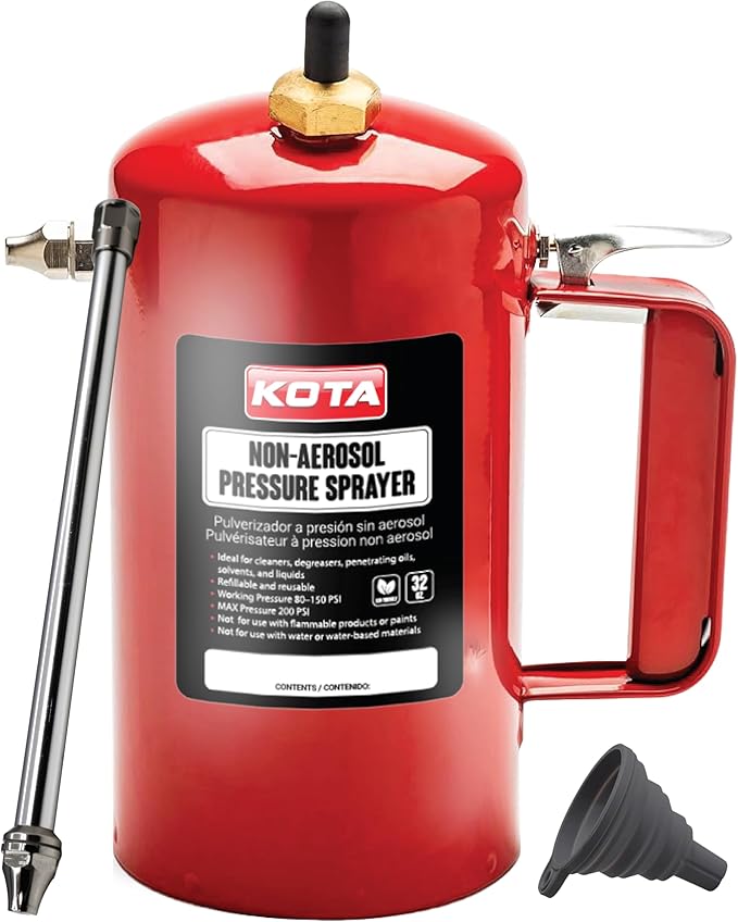 LAUCO Non Aerosol Pressure Sprayer - Refillable Pressurized Sprayer Bottle for Oil, Solvent, Degreasers, Lubricants - Rechargeable Steel Canister with Brass Nozzles, 32oz