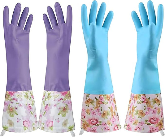 KINGFINGER Dishwashing Cleaning Gloves, 2 Pairs Reusable Rubber Gloves PVC Latex-Free Waterproof Long Cuff and Flock Lining Household Cleaning Glove(Blue + Purple)