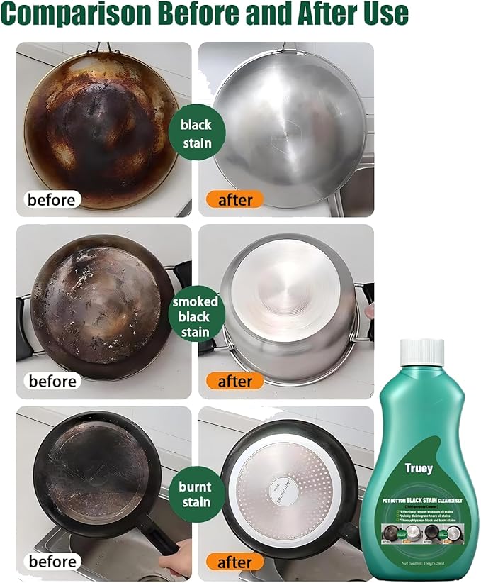 Truey Pot Bottom Black Stain Cleaner Set,Pot and Pan Bottom Cleaning Paste,Powerful Kitchenware Cleaner, Cooktop Pot Cleaner Effortless for Burned Cookware,Multi-purpose Oil Stain Remover (150g) (2)