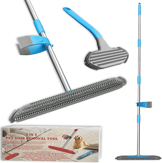 Carpet Rake for Pet Hair Removal Tool, 3 in 1 Carpet Scraper with 59" Adjustable Handle, Silicone Rug Rake for Dog & Cat Hair, Pet Hair Remover for Furniture, Couch, Pet Bed & Car Interior