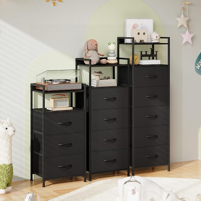 Somdot Night Stand with 4 Drawers, Vertical Storage Tower Fabric Dresser for Bedroom, Nightstand Bedside Table Furniture, Sturdy Steel Frame, Wooden Top & Easy Pull Fabric Bins, Black