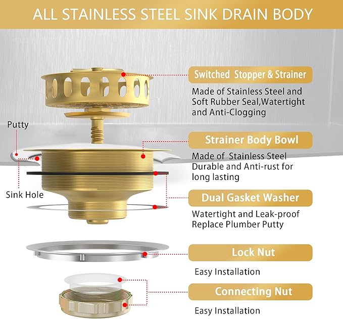 Gold Sink Drain Strainer 3-1/2 Inch Kitchen Sink Drain Assembly Kit with Stainless Steel Strainer Basket and Drain Stopper for Standard Kitchen Sink Brushed Gold