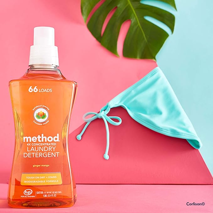Method Liquid Laundry Detergent, Ginger Mango, 66 Loads Per Bottle, Hypoallergenic + Biodegradable Formula, Plant-Based Stain Remover, 53.5 Fl Oz (Pack of 2)