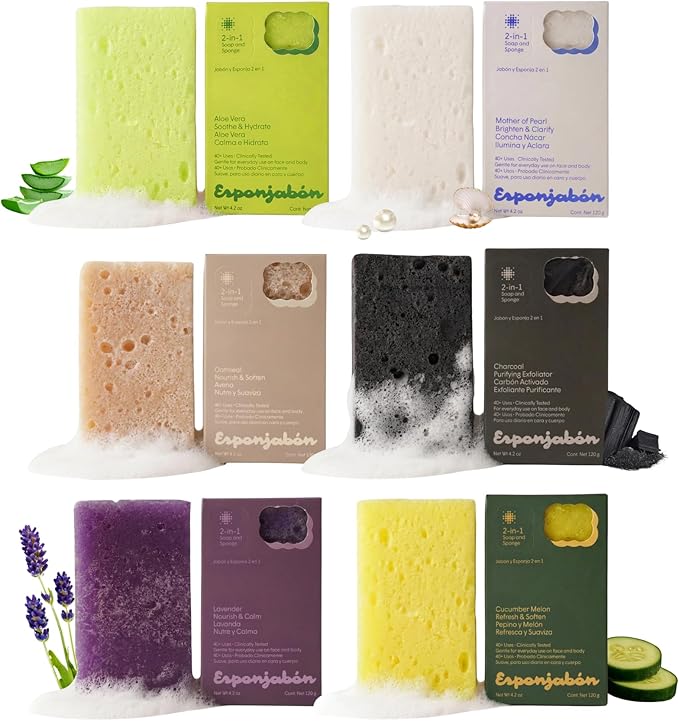 T.Taio Esponjabon Soap Sponge Variety Pack - Shower Scrubber & Bath Wash Scrub - Massage Face - Bathroom Accessories - Mother of Pearl, Aloe Vera, Lavender, Charcoal, Cucumber-Melon, Oatmeal (6 Pack)