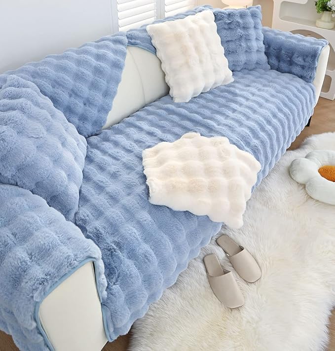 Soft Warm Faux Fur Couch Sofa Cover Thick Shaggy Fuzzy Sectional Couch Cover Non-Slip Solid Color Plush Sofa Slipcover Furniture Protector for Kids, Pets (Light Blue,28"x35")