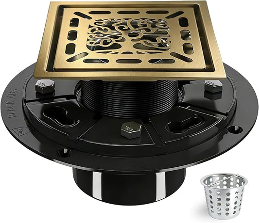 4 Inch Shower Drain, Square Shower Floor Drain Kit with Flange and Removable Cover Grate, AISI 304 Stainless Steel, Brushed Gold