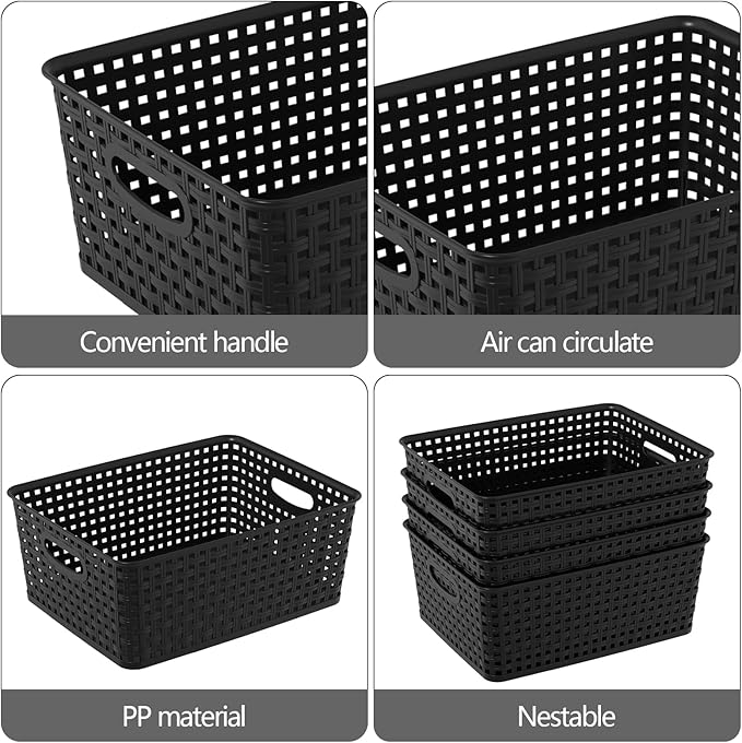 4 Packs Woven Plastic Storage Baskets, Plastic Basets Medium, Black