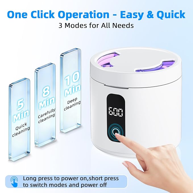 Ultrasonic Retainer Cleaner Machine, Rechargeable Denture Cleaner 4000mAh Battery | 48kHz Ultrasonic Dental Cleaning Pod for Night Guard, Invisalign, Braces, Denture, Toothbrush and Jewelry - White