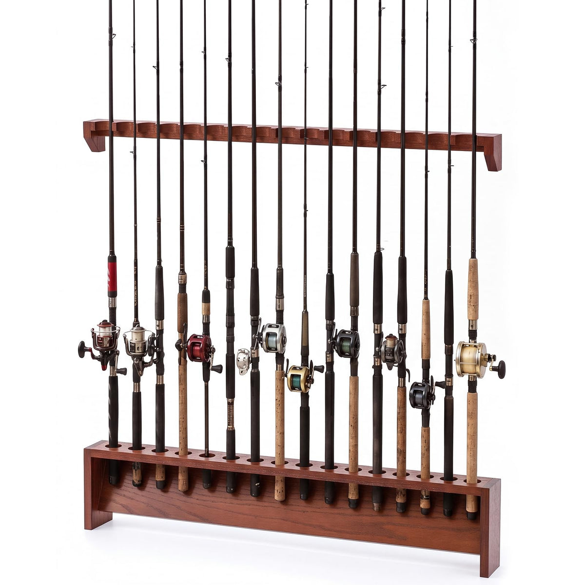 16-Rod Fishing Rod Rack, Wall Mount Oak Wood Pole Holder, Walnut - Image 1