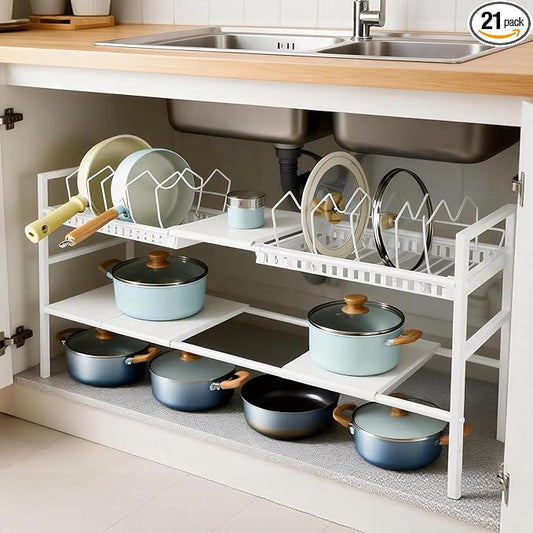 Pots and Pans Organizer Under Cabinet, Expandable Length, Adjustable Height Under Sink Shelf 2 Tier with 10 Dividers Under Sink Organizer, Pot and Pan Lid Holder Rack (White)