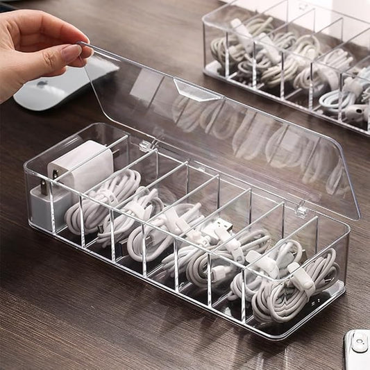 Clear Cable Management Box with Lid, 26x9x5.5cm, Desktop Cord Organizer with Compartments (1, 10.2 x 3.5 x 2.2)