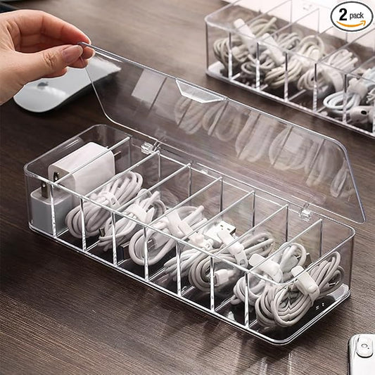 2Pcs Clear Cable Management Box with Lid, 26x9x5.5cm, Desktop Cord Organizer with Compartments (2, 10.2 x 3.5 x 2.2)