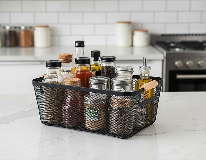 2-Pack Metal Mesh Basket, Small Wire Storage Organizer with Wood Handle for Kitchen Pantry, Bathroom, Cabinet, Closet, Picnic & Home Organization,Small, Black