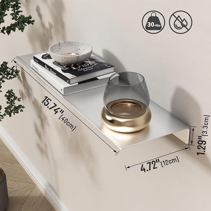 Danpoo Adhesive Floating Shelves for Wall Storage, Metal Wall Shelves for Living Room, Bathroom, Kitchen, 16” Display Shelves for Collectibles(Silver, 2 PCS)