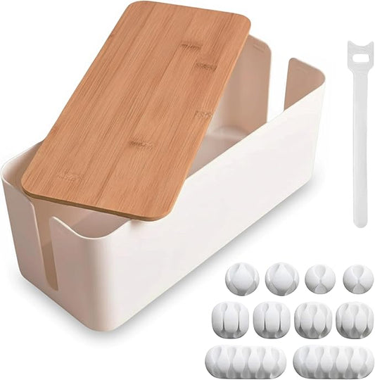 Cable Management Box, 7 Holes, 12x5x4.5 inches, Wooden Lid Cable Organizer Box for Desk to Hide Power Strips, Tv Wires, ABS Material Cord Cover (2 Holes)