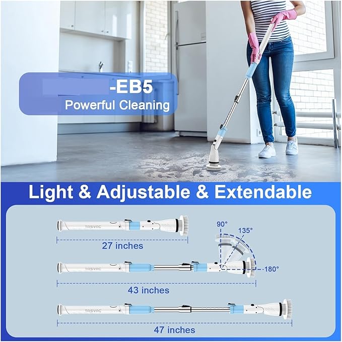 Compatible with TASVAC Electric Spin Scrubber,Cordless Cleaning Brush with 5 Replaceable Heads, Powerful Scrubbing for Bathroom, Tub, Tile, Floor, Kitchen(Blue,EU)