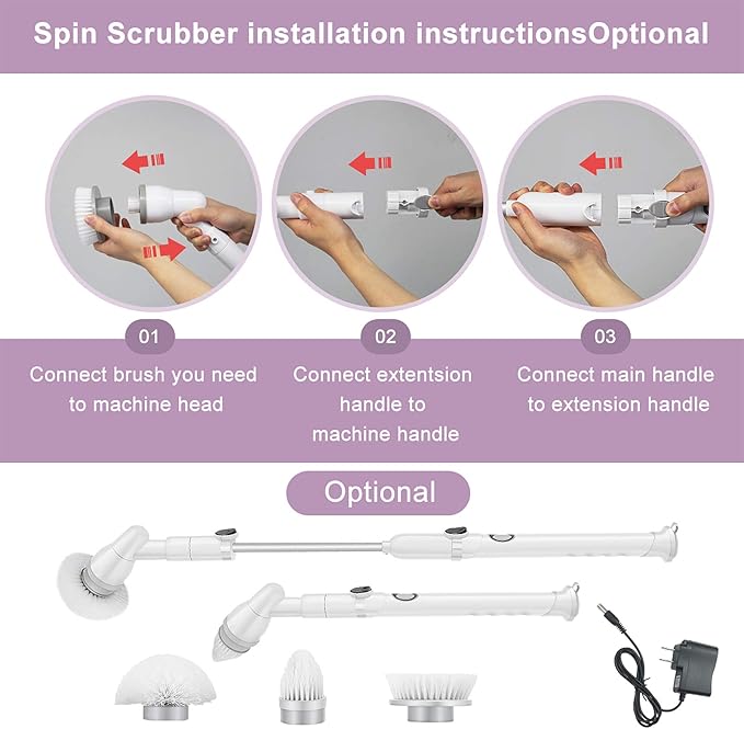 FRUITEAM Electric Spin Scrubber Cordless Super Power Scrubber, Upgraded Tub and Tile Scrubber, Surface Cleaner with 3 Replaceable Brush Heads and 1 Extension Arm for Bathroom/Kitchen/Tub/Tile