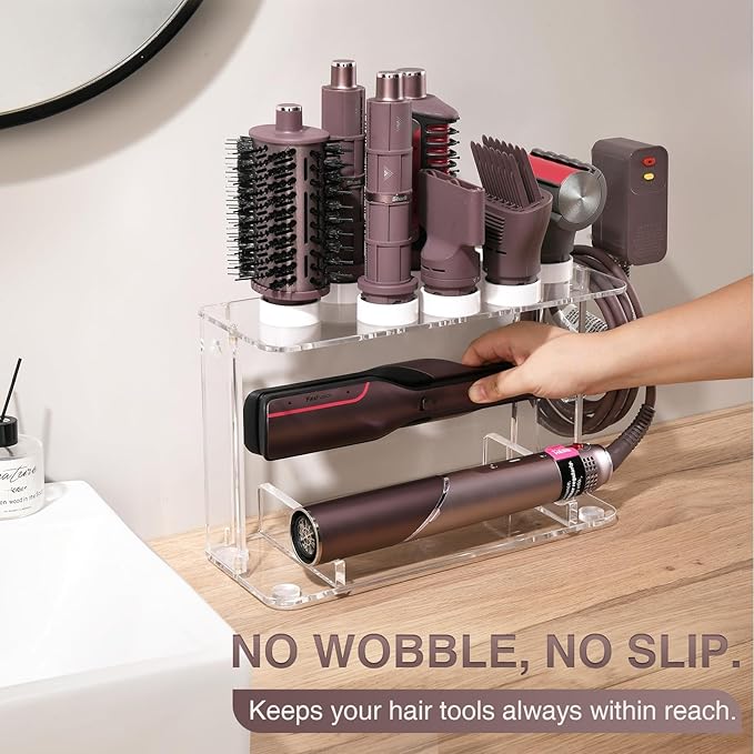 Hair Tool Holder for Dyson Airwrap Attachments, Storage Holder Compatible with Shark FlexStyle FlexFusion, Acrylic Display Rack Countertop Organizer Wall Mount for Hair Stylers, Clear&White