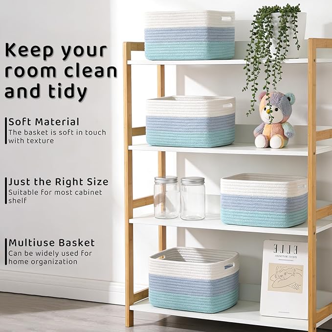 4 Pack Storage Baskets for Organizing, 12''Lx10''Wx8''H Woven Baskets for Storage Toys, Towels, Books, and Clothes, Cotton Rope Basket for Shelves with Handle (White & Blue)