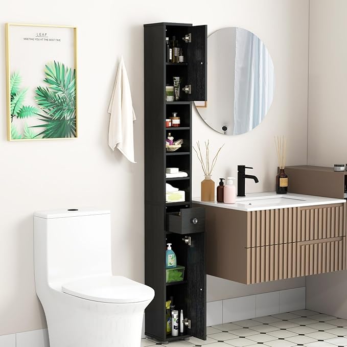 SIMOE Tall Bathroom Storage Cabinet, 8" Slim Narrow Floor Cabinet with 5 Adjustable Shelves & Drawer, 32.5lbs Heavy-Duty 71" Freestanding Skinny Linen Tower for Small Spaces, Moisture-Proof, Black