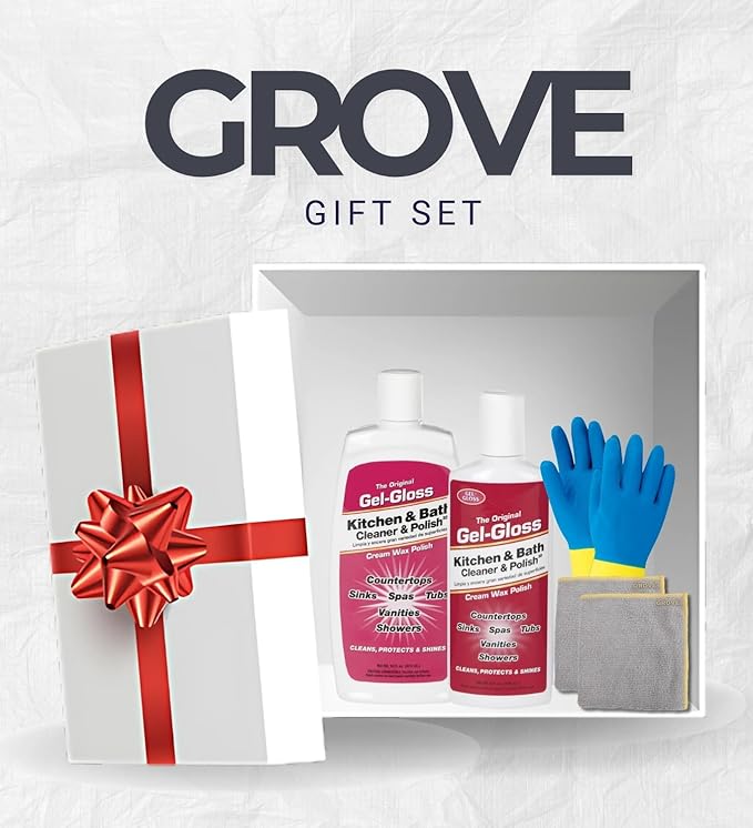Household Cleaning Supplies by Gel-Gloss Kitchen and Bathroom Cleaner Liquid 16 fl oz. Bundle with Kitchen & Bath Cleaner & Polish 8 oz Cream + Cleaning Gloves + Microfiber Cloth – Gift Set (4 Items)