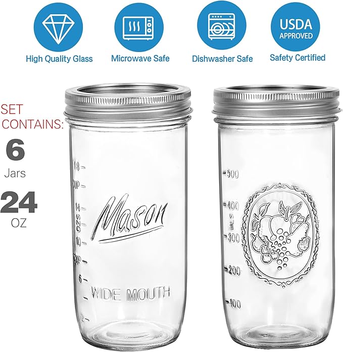24 oz Wide Mouth Mason Jars - Canning Jars with Metal Airtight Lids and Bands, 24 ounce Mason Glass Jars for Fermenting, Pickling, Meal Prep, Overnight Oats, Jam, Jelly, DIY Projects (6 pack)