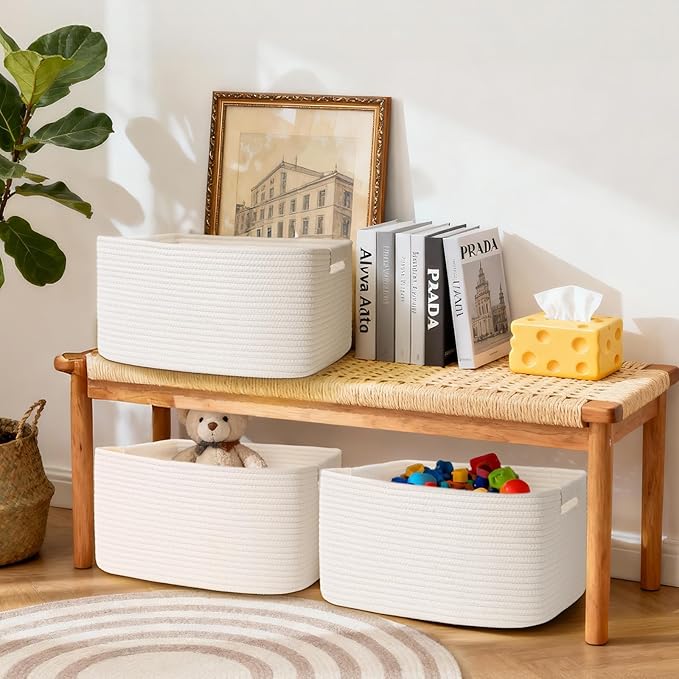3 Pack Large Storage Basket for Organizing, 17.5"x13"x7" Woven Basket for Shelves, Closet Cube Storage Bins with Wrapped Handle, Cotton Rope Baskets for Kitchen, Clothes, Toys(Off White)