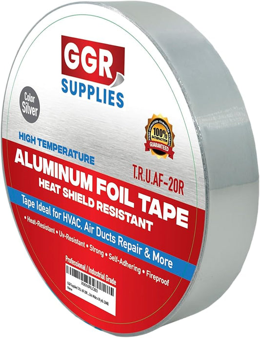 GGR Supplies AF-20R Professional/Industrial Grade High Temperature Heat Shield Resistant Aluminum Foil Tape Ideal for HVAC, Air Ducts Repair (3.6Mil): 1 in. Wide x 50 yds.