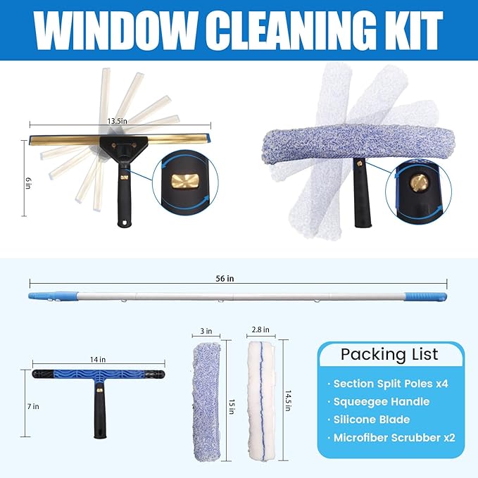 Window Cleaning Kit,Window Washing Kit with 4.13Ft Extension Pole,Window Cleaner Tool with 4 Stage Telescoping Pole, A Silicone Scraper and 2X Microfiber Scrubber Sleeves