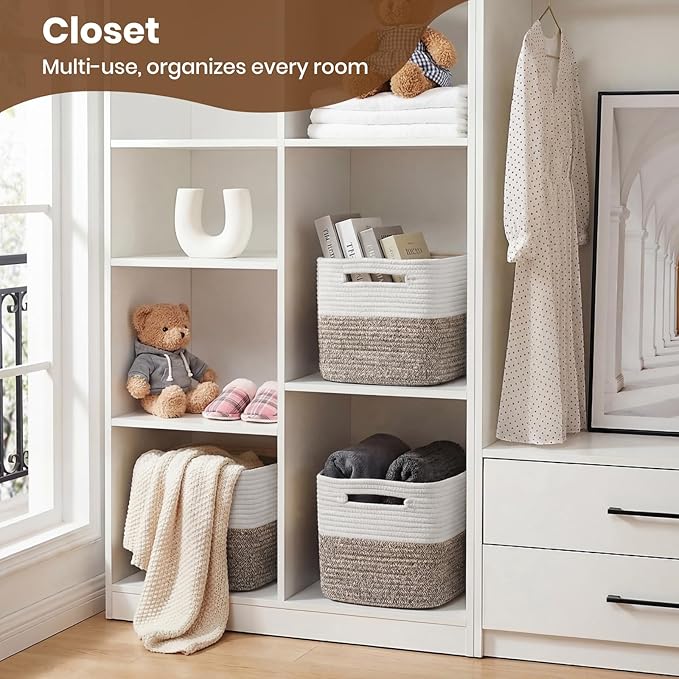 Storage Baskets for Organizing, 14 x 10 x 9” Closet Shelf Woven Baskets, Square Bins with Handles, Cotton Rope Basket for Toys, Clothes, Office, Room, White+Dark brown 3 Pack