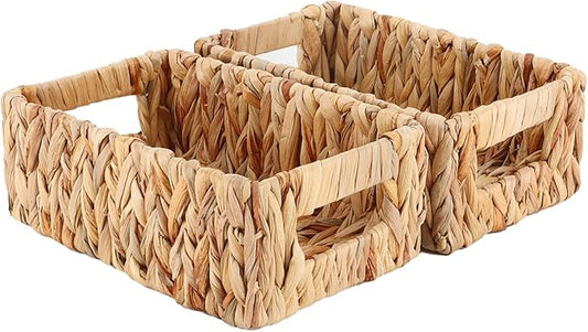 YAHUAN Woven Water Hyacinth Baskets for Organizing, Rectangular Wicker Baskets with Built-in Handles, Small Storage Baskets for Shelves (Water Hyacinth 2-Pack)