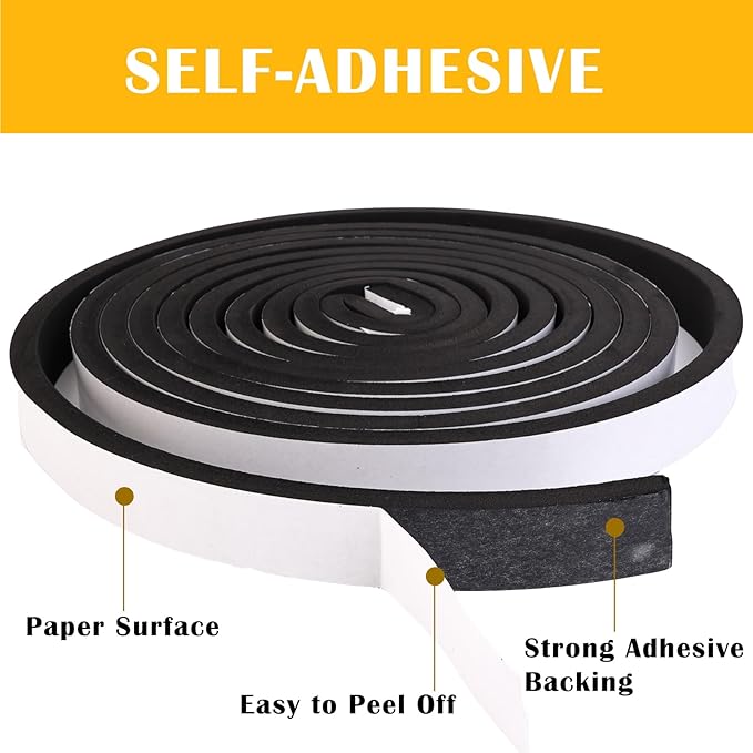 1/2 Inch Wide x 1/8 Inch Thick Single Sided Foam Tape,Black Foam Weather Stripping,High Density Window Seal Strip for AC Filters,Soundproof Foam Insulation Strips,Closed Cell Weatherstrip 50 Feet